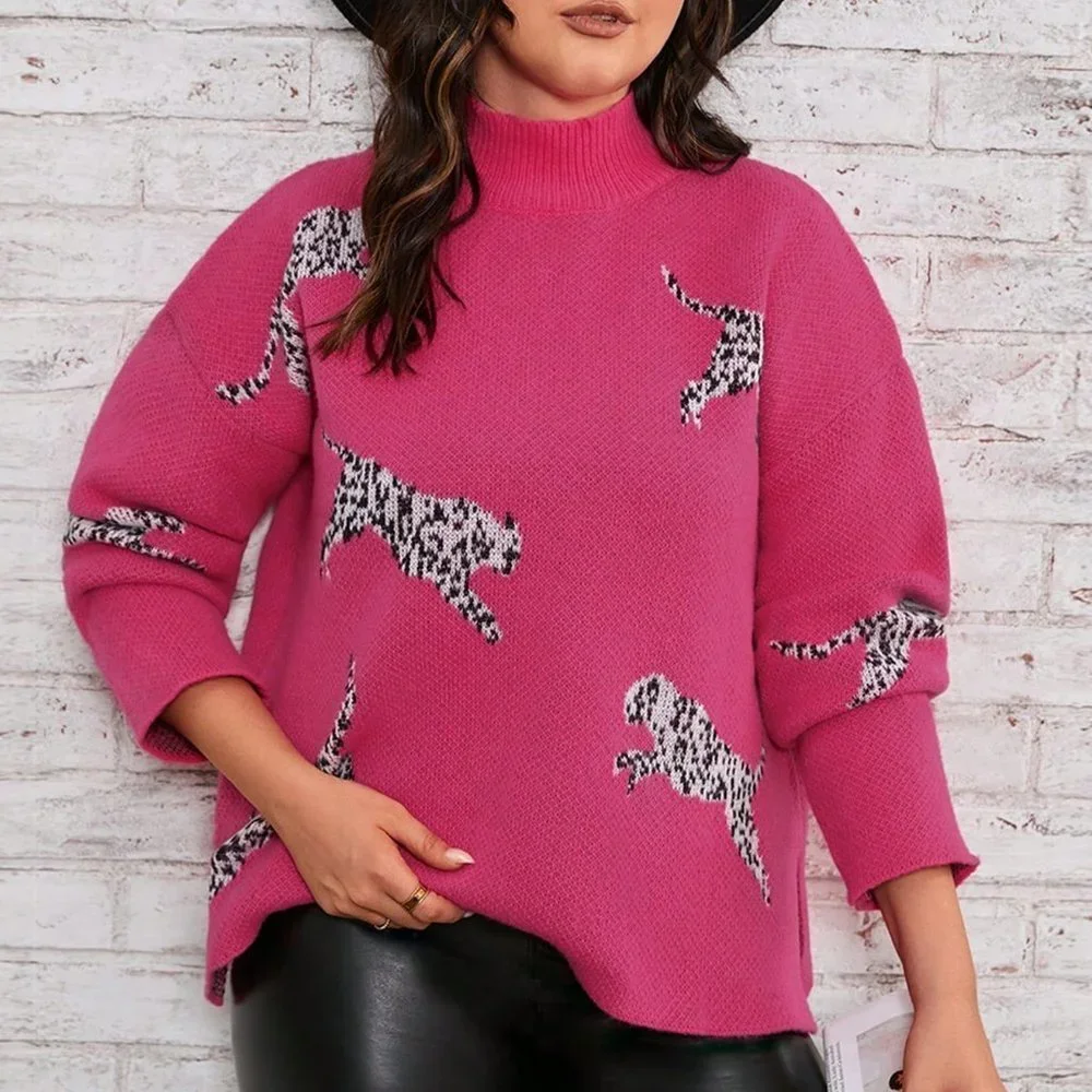 Plus Leopard Pattern Mock Neck Split Hem Sweater pink - Picture 1 of 5